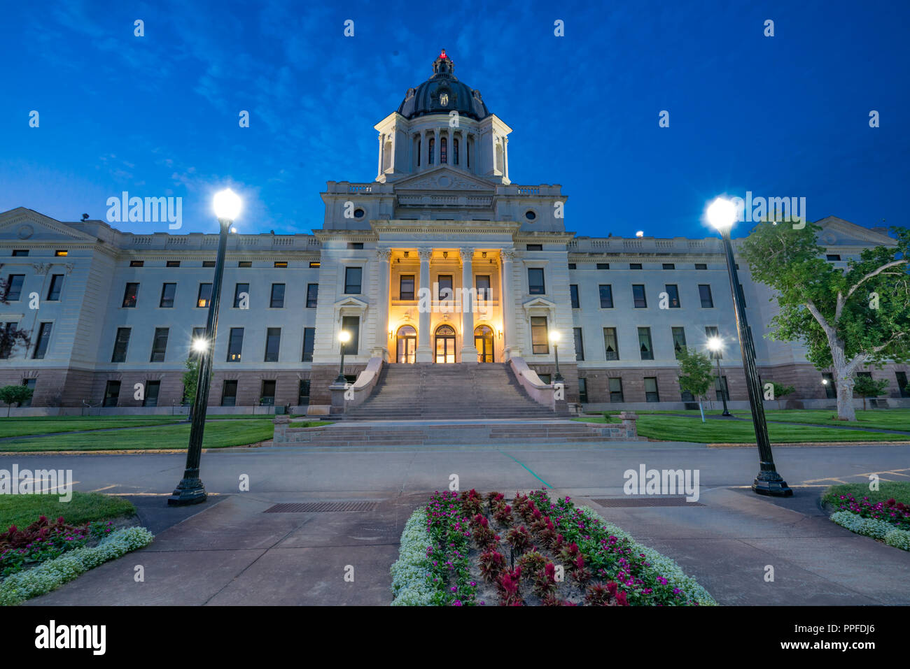 Facade of South Dakota Capital Building in Pierre, SD at night Stock Photo