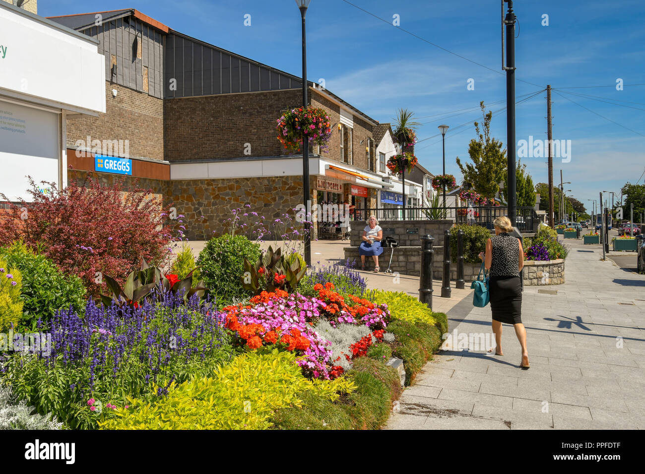 Shopping centre on Boverton Road, which is the main shopping street in the town of Llantwit Major in the Vale of Glamorgan. Stock Photo