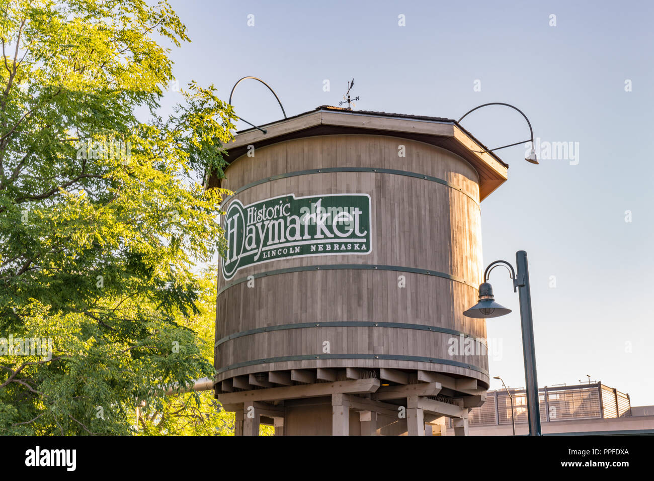 LINCOLN, NE - JULY 10, 2018: Railroad water tower in the historic Haymarket District of Lincoln, Nebraska Stock Photo