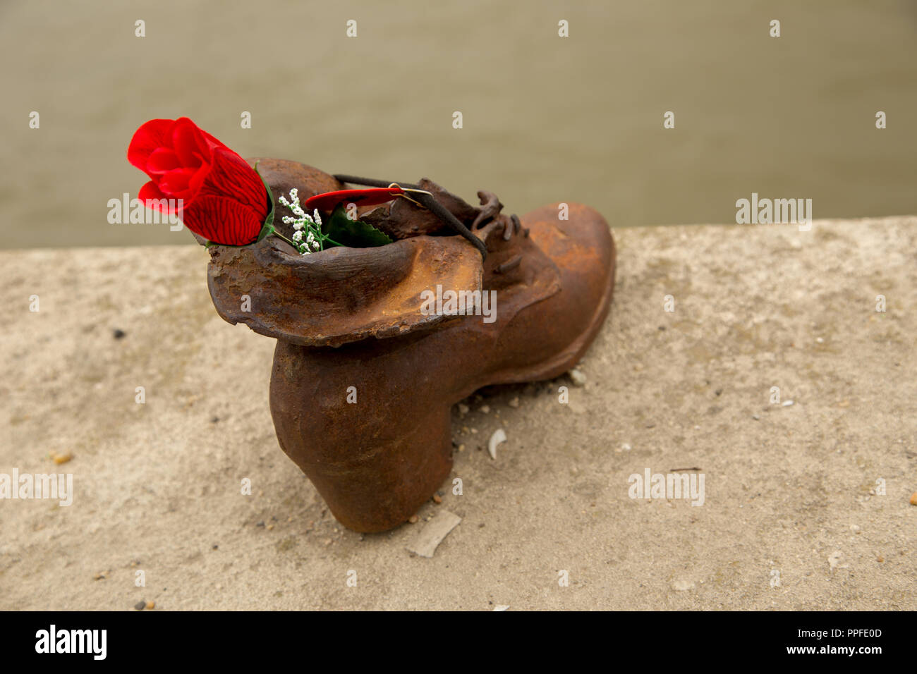 the bronze shoes from a section of the jewish memorial, Budapest Stock