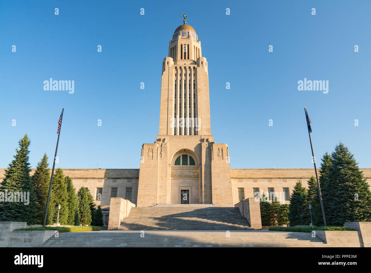 Exterior of the Nebraska Capitol Building in Lincoln against a blue sky Stock Photo