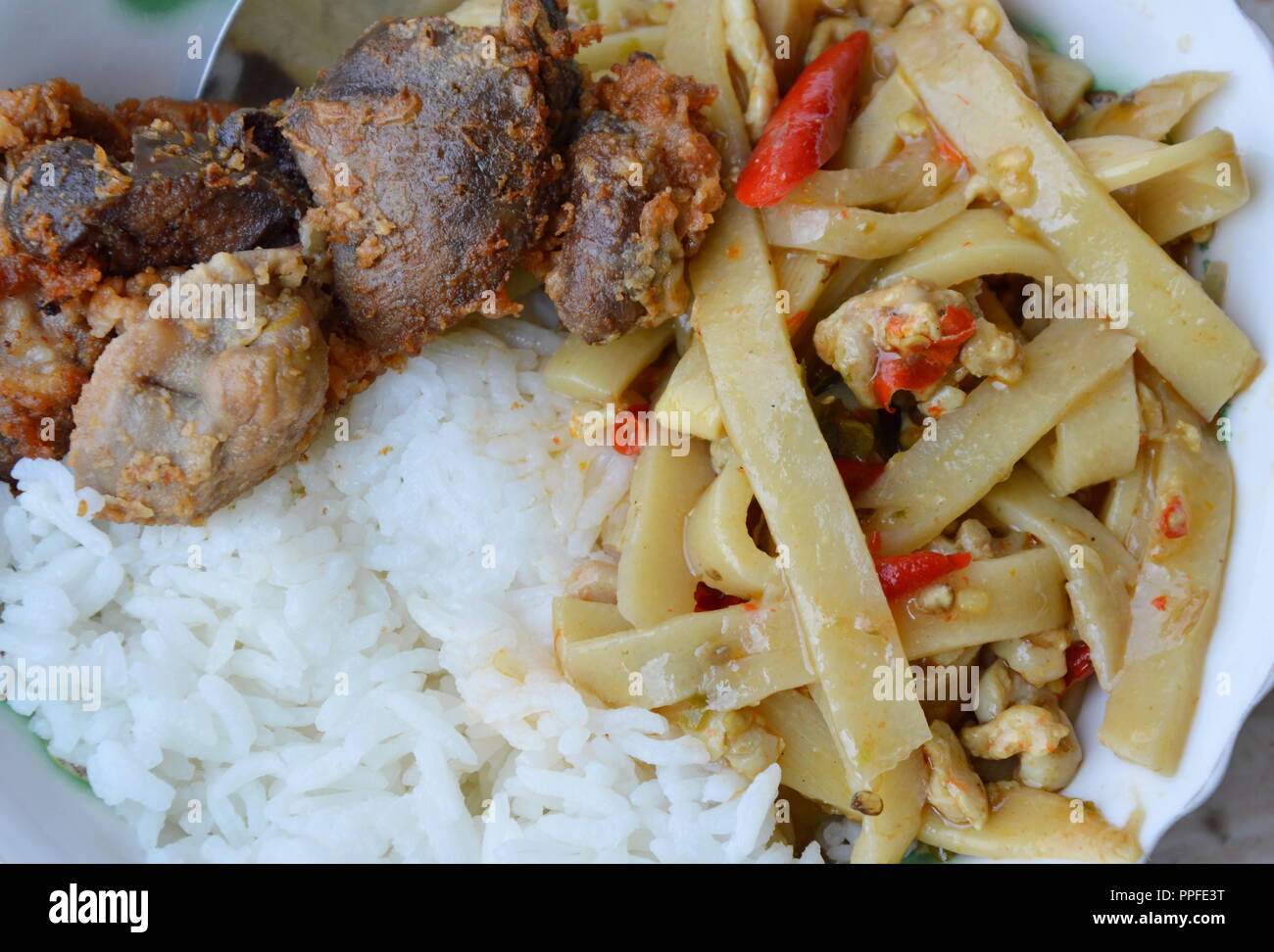 spicy bamboo shoot and deep fried chicken entrails on plain rice Stock