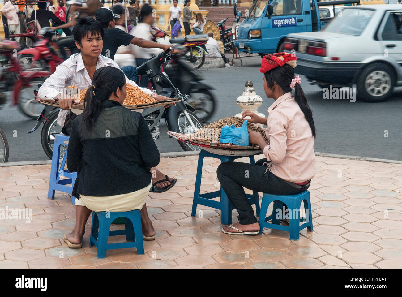 Peanut and dried shrimp vendors near the Night Market, Phnom Penh