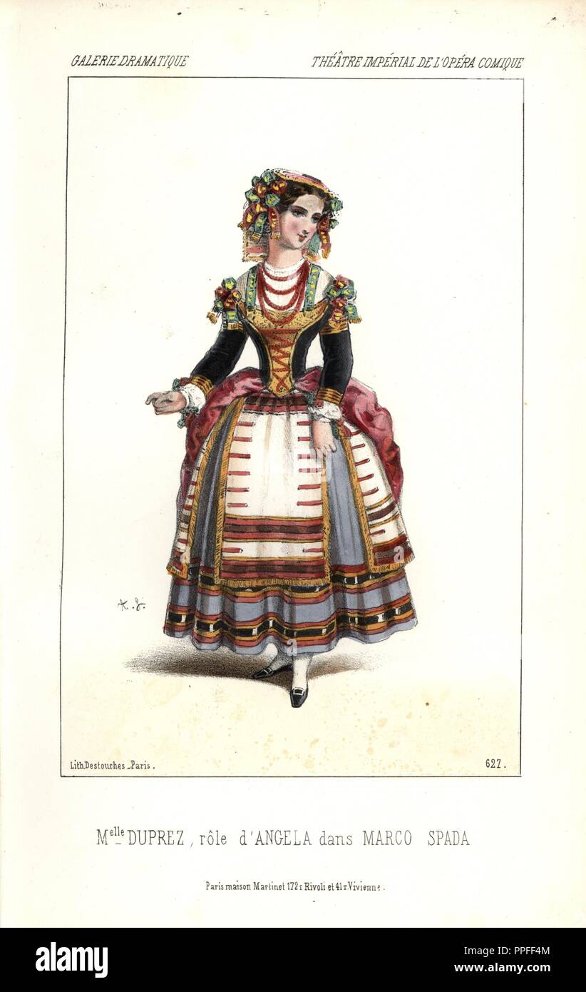 Mlle. Caroline Duprez as Angela in 'Marco Spada' at the Opera Comique. Duprez (1832-1875) was a French soprano singer who debuted in 'La Somnambula' in 1850.. Handcoloured lithograph by Alexandre Lacauchie from 'Galerie Dramatique: Costumes des Theatres de Paris' 1852. Stock Photo