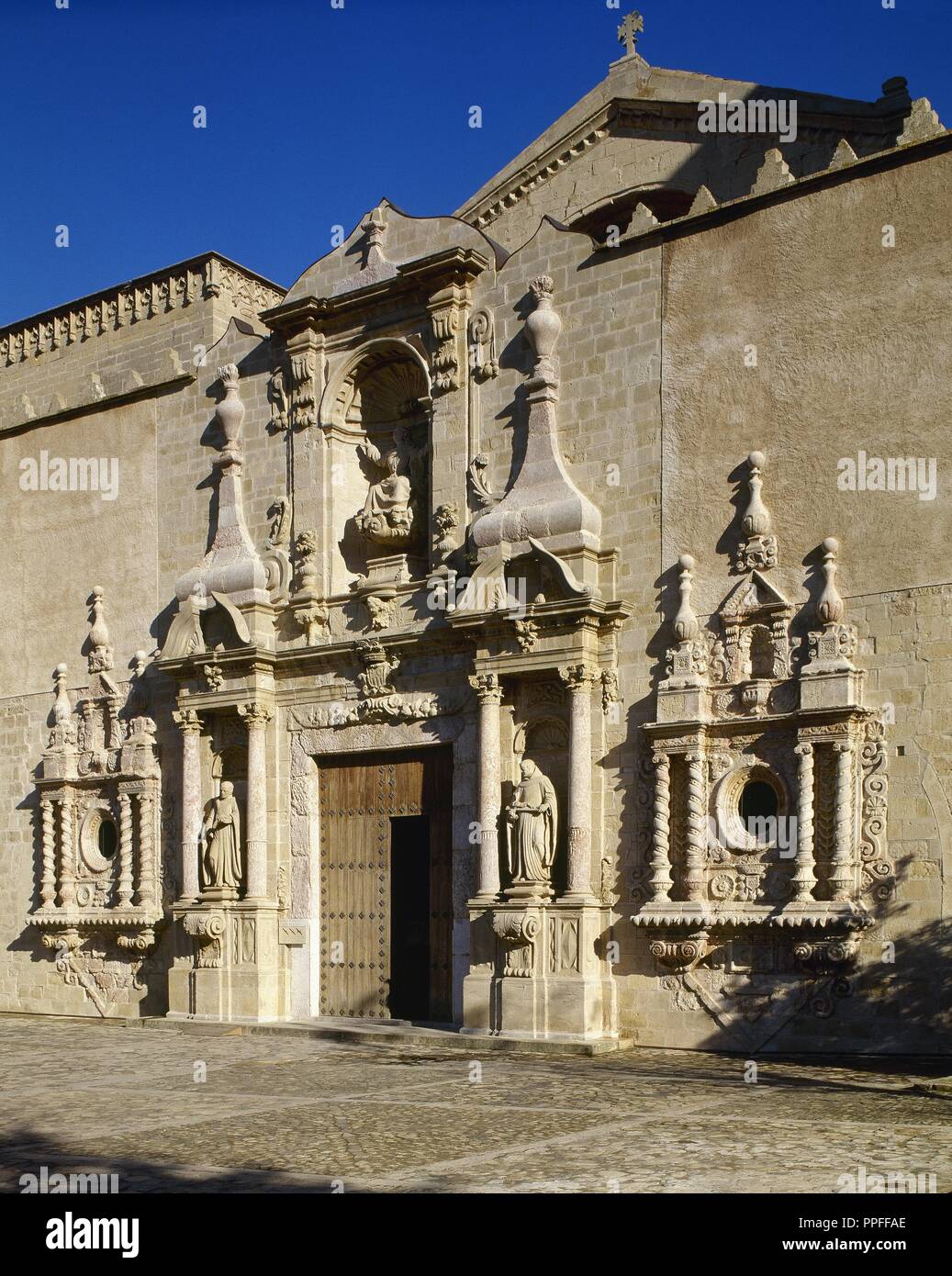 Spain, Catalonia, Tarragona province, Vimbodi. The Royal Abbey of Santa Maria de Poblet, a Cistercian monastery founded in 1150 by order of Count Ramon Berenguer IV. Baroque portal of the church of Saint Mary, 17th century, attributed to Pere Oller. Stock Photo