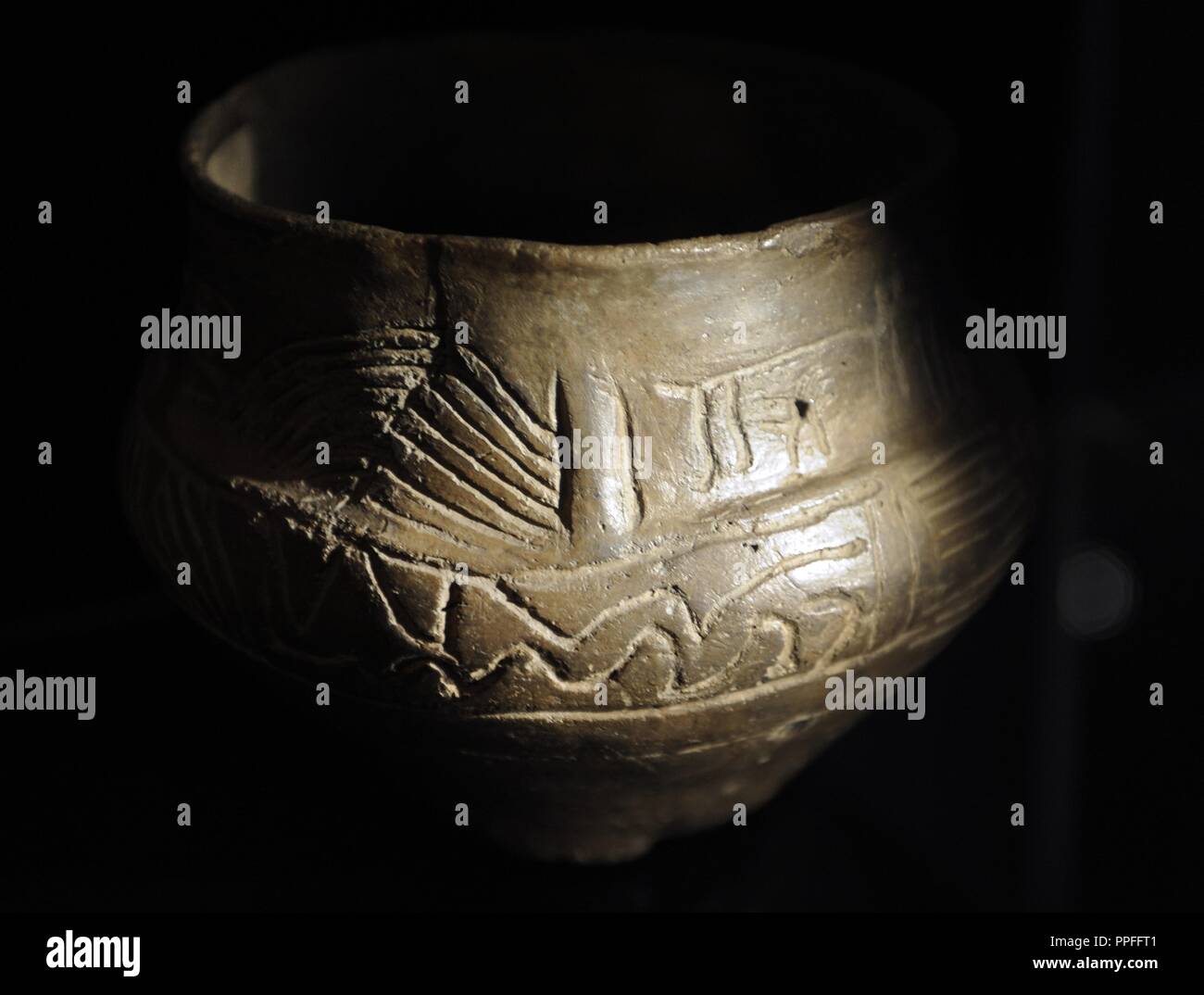Prehistory. Metal Age.  Cinerary urn with snake. Eastern Jutland. Denmark. 700-500 BC. Museum of Denmark. Copenhaguen. Stock Photo