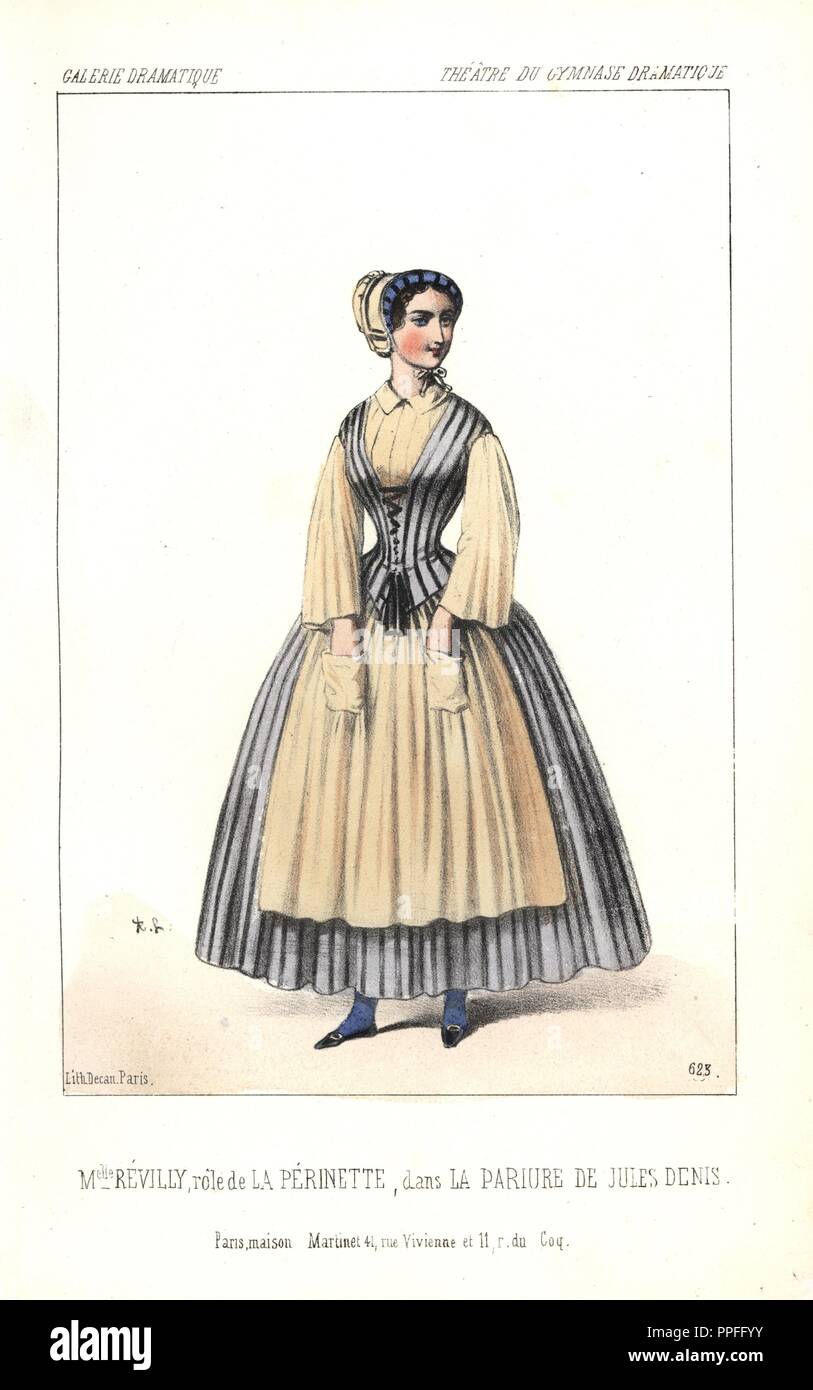 Mlle. Hermance Revilly in the role of La Perinette in 'La Pariure de Jules Denis' at the Gymnase Dramatique. Revilly (b. 1823) made her debut at the Opera Comique in 1840, and was a 'pleasing and ladylike actress.'. Handcoloured lithograph by Alexandre Lacauchie from 'Galerie Dramatique: Costumes des Theatres de Paris' 1852. Stock Photo