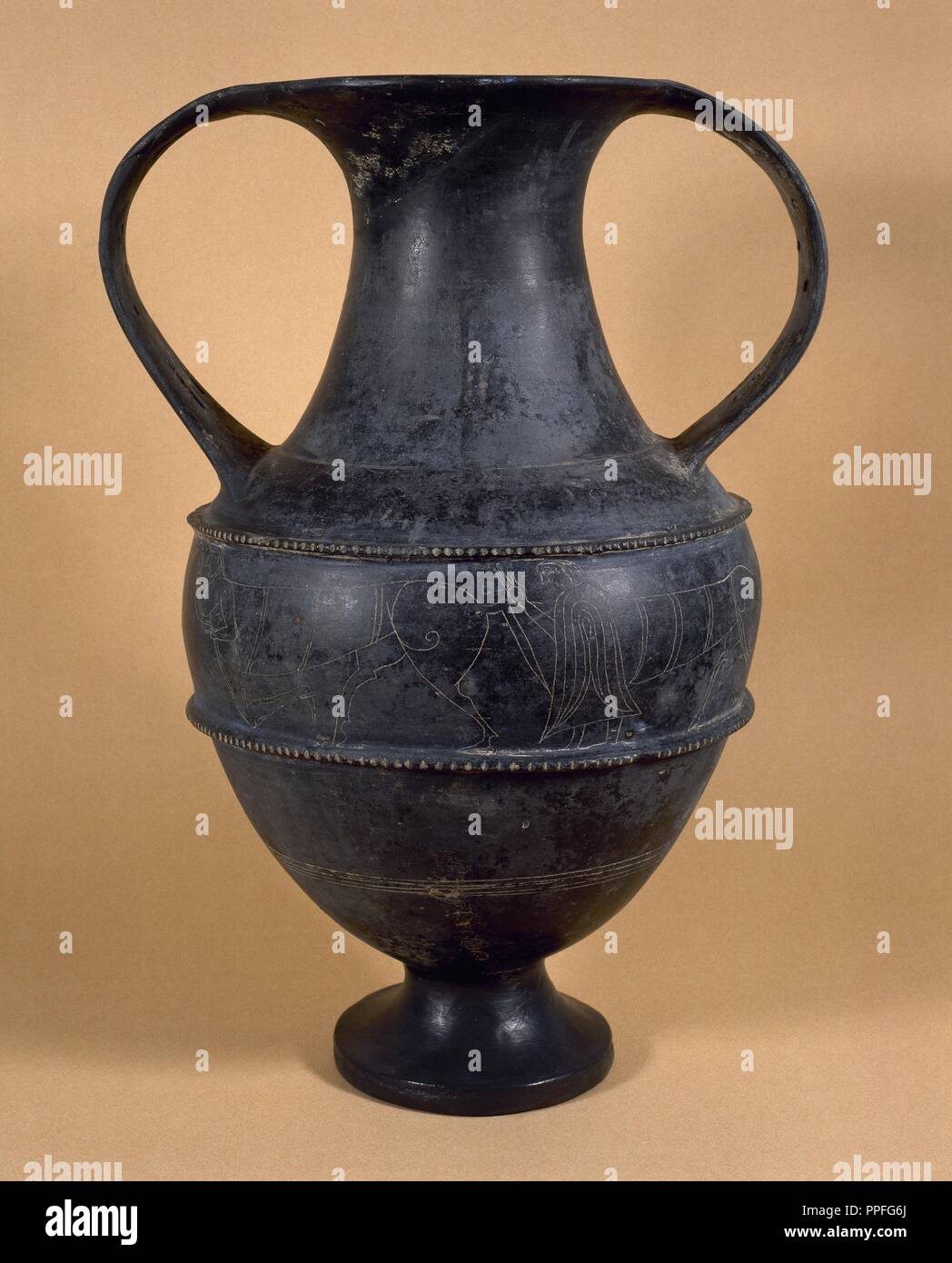 Etruscan amphora (bucchero pesante). 7th-6th centuries BC. Unknown origin. Archaeological Museum of Catalonia. Barcelona. Spain. Stock Photo