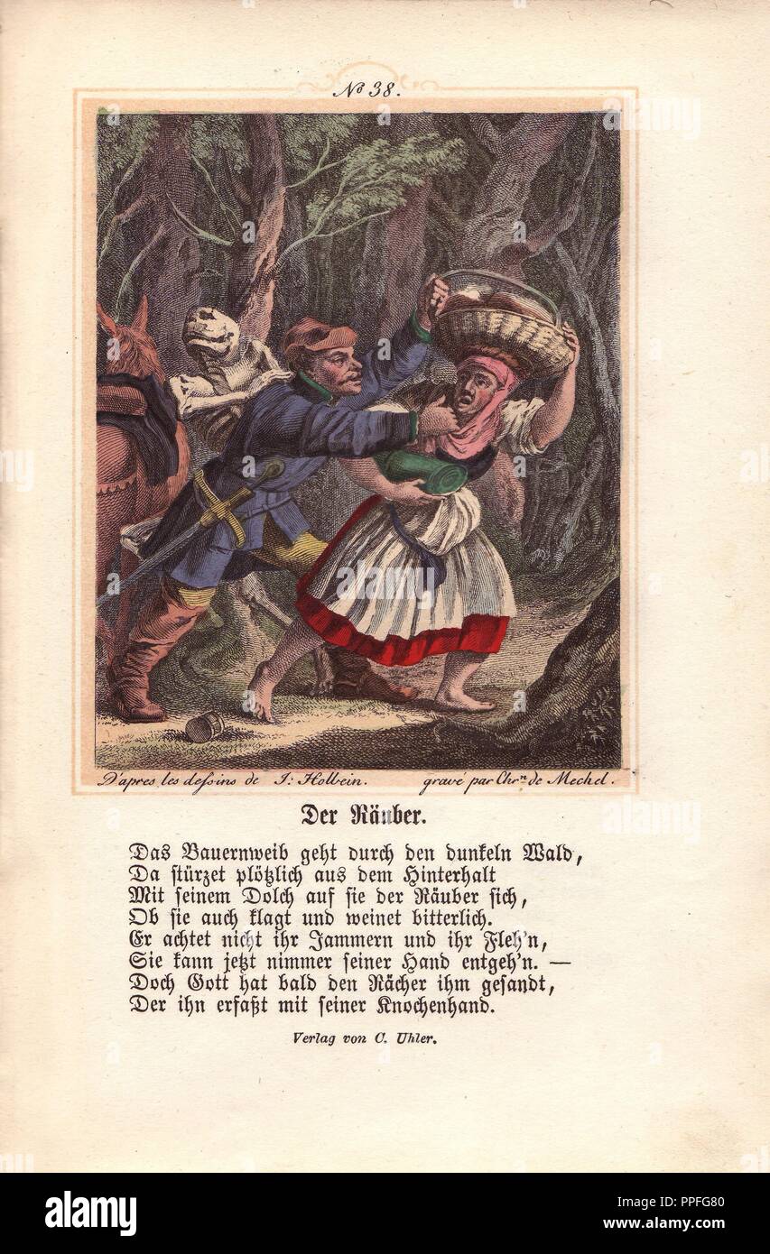 The armed robber is in the middle of a violent assault on a woman in the forest. He struggles with her as he tries to steal the basket on her head. The Robber seems oblivious to the figure of Death who has a hand on his collar and is about to pull him in the opposite direction. Hand-coloured engraving by Chretien de Mechel from Hans Holbein's 'The Triumph of Death,' based on original drawings by Peter Paul Rubens, 1860. Stock Photo