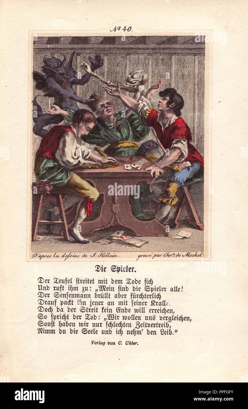 Death and a black Demon appear to be in a battle over the gambler in green at the table. Death has his bony hand on the man's throat, while the Demon grabs his hair. The cardplayer at right tries to intervene with the Demon, while the player at left scoops up his winnings. Hand-coloured engraving by Chretien de Mechel from Hans Holbein's 'The Triumph of Death,' based on original drawings by Peter Paul Rubens, 1860. Stock Photo