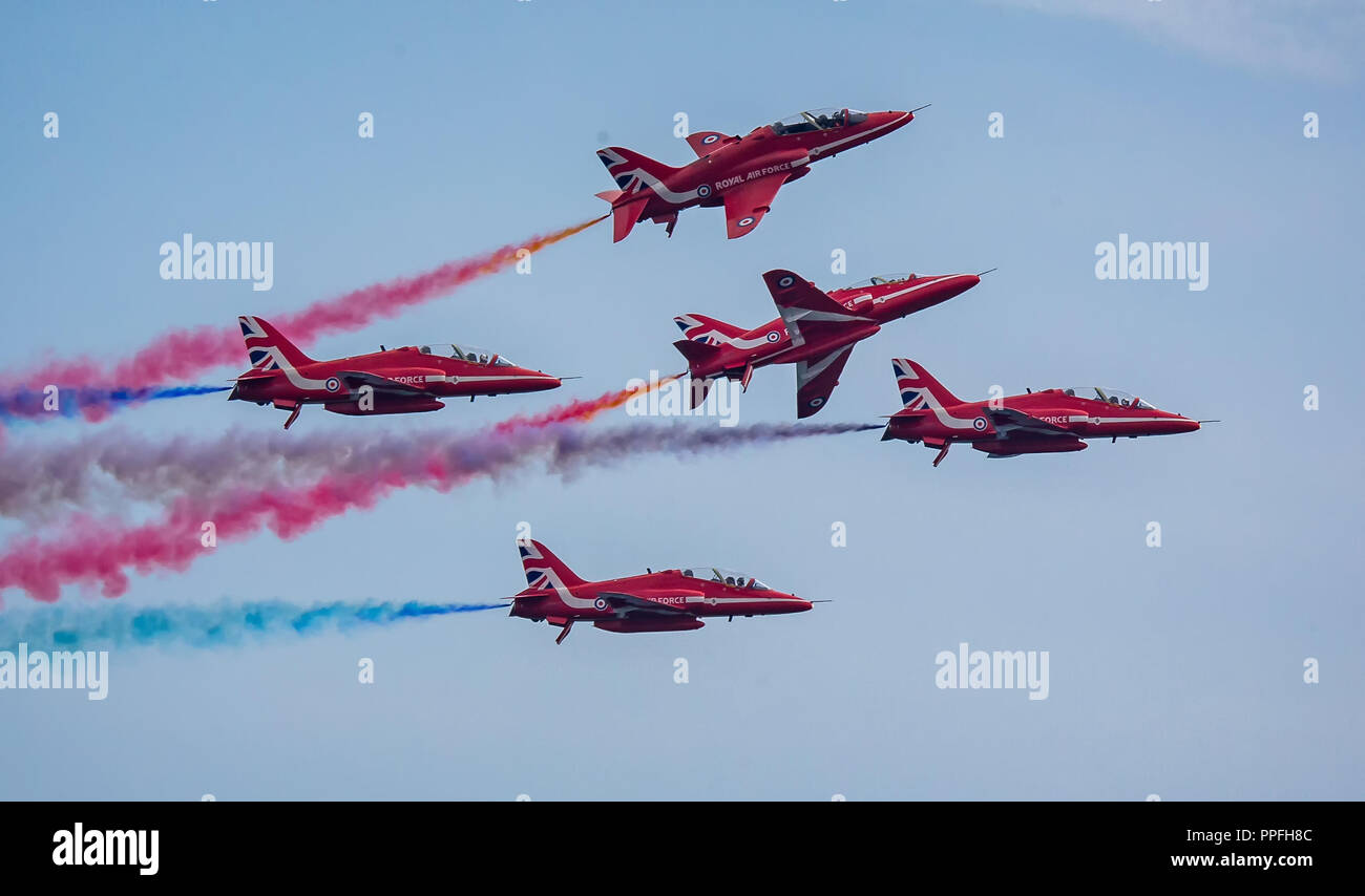 Airshow Bournemouth Red Arrows displaying over Bournemouth beach in