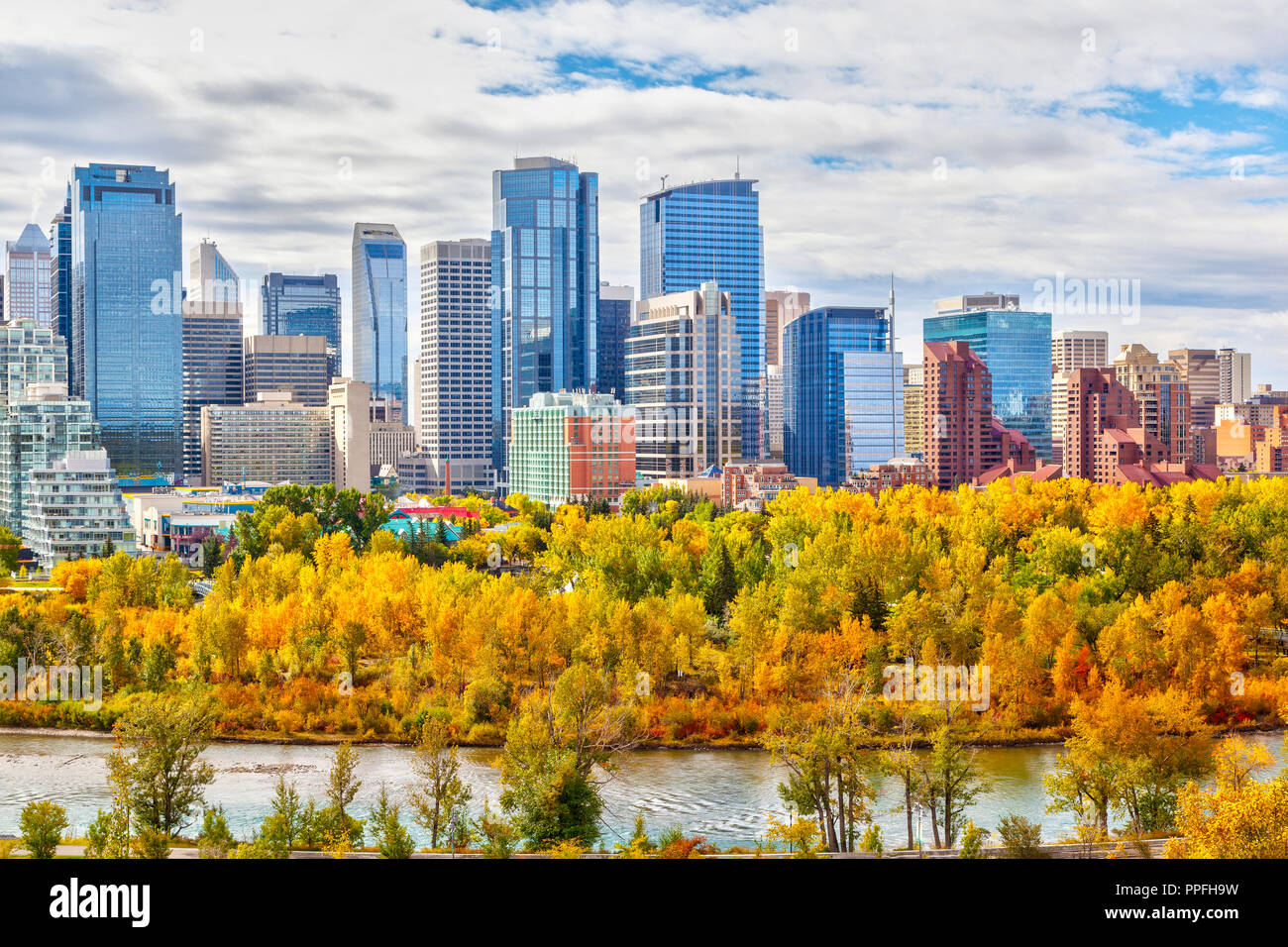 Calgary downtown skyline during Fall or Autumn colors with Bow River