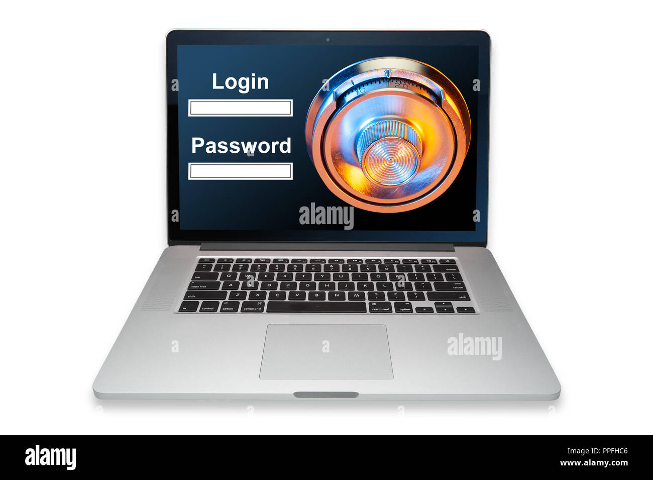 Computer security with a safe lock on screen, isolated Stock Photo