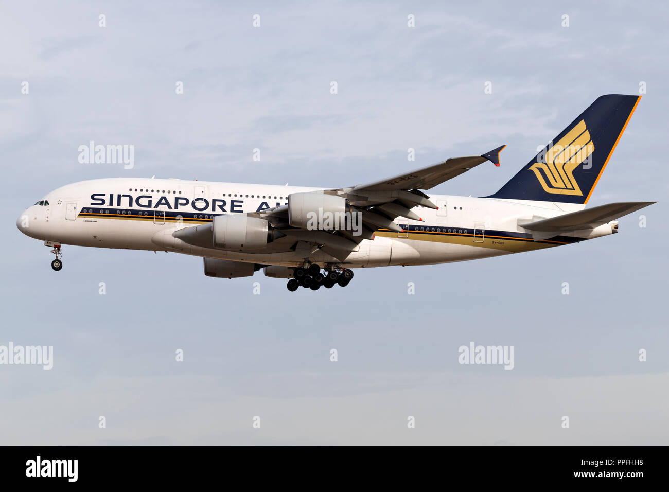 Singapore Airlines Airbus A380 with registration 9V-SKS on short final for runway 25L of Frankfurt Airport. Stock Photo