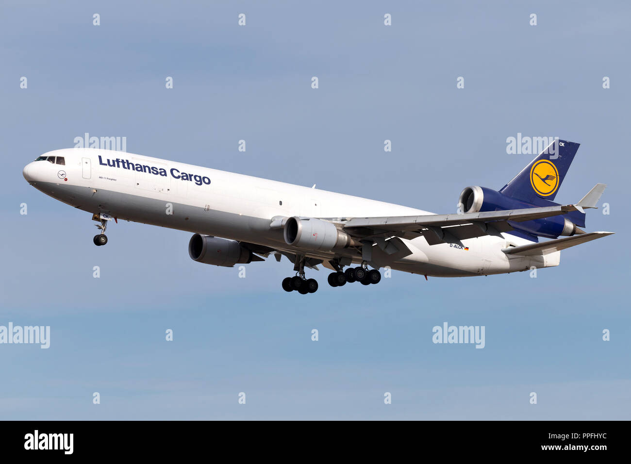 German Lufthansa Cargo McDonnell Douglas MD-11F (old livery) with registration D-ALCK on short final for runway 25L of Frankfurt Airport. Stock Photo