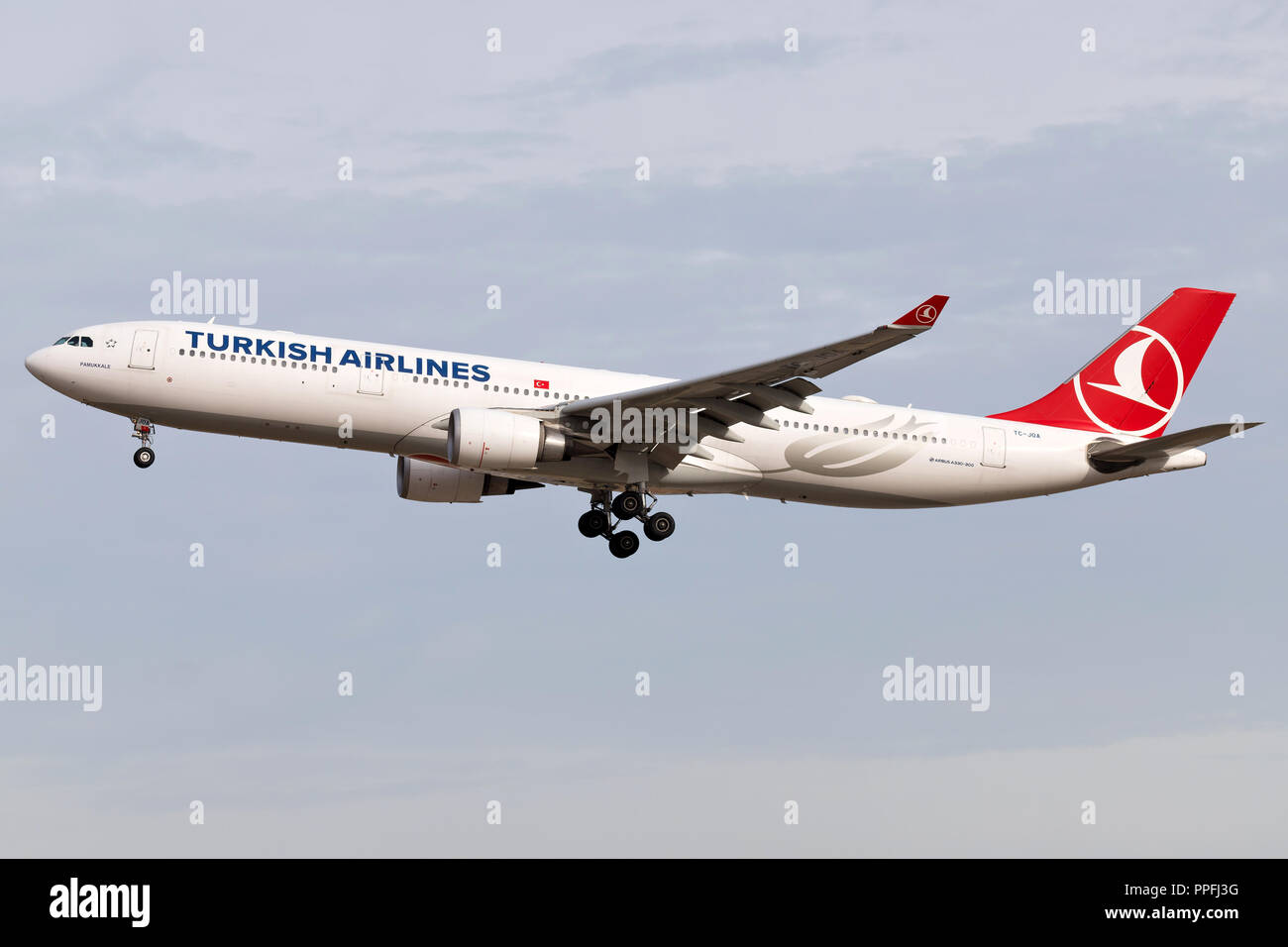 Turkish Airlines Airbus A330-300 with registration TC-JOA on short final for runway 25L of Frankfurt Airport. Stock Photo