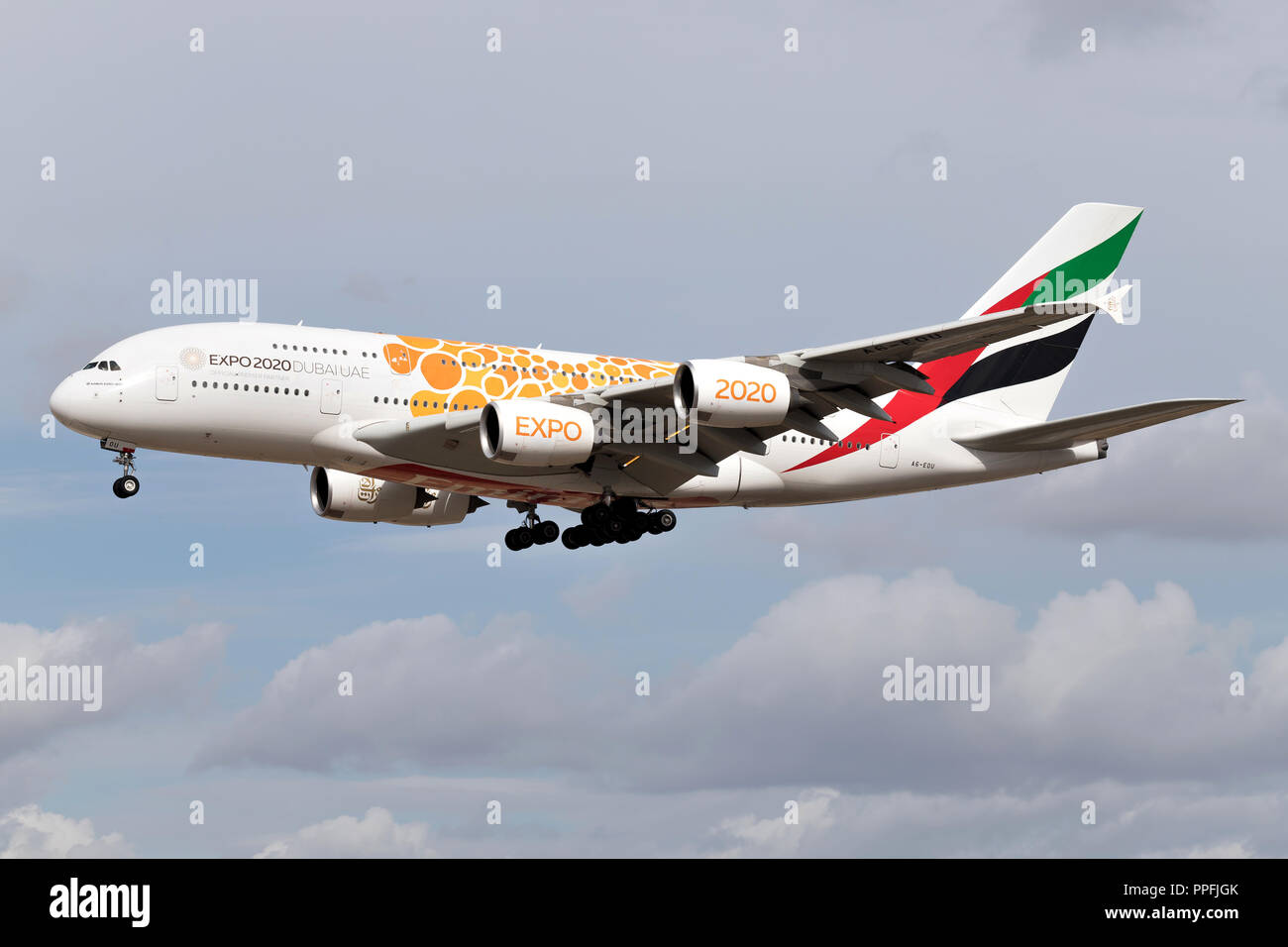 Emirates Airbus A380 with registration A6-EOU in special EXPO 2020 livery on short final for runway 25L of Frankfurt Airport. Stock Photo
