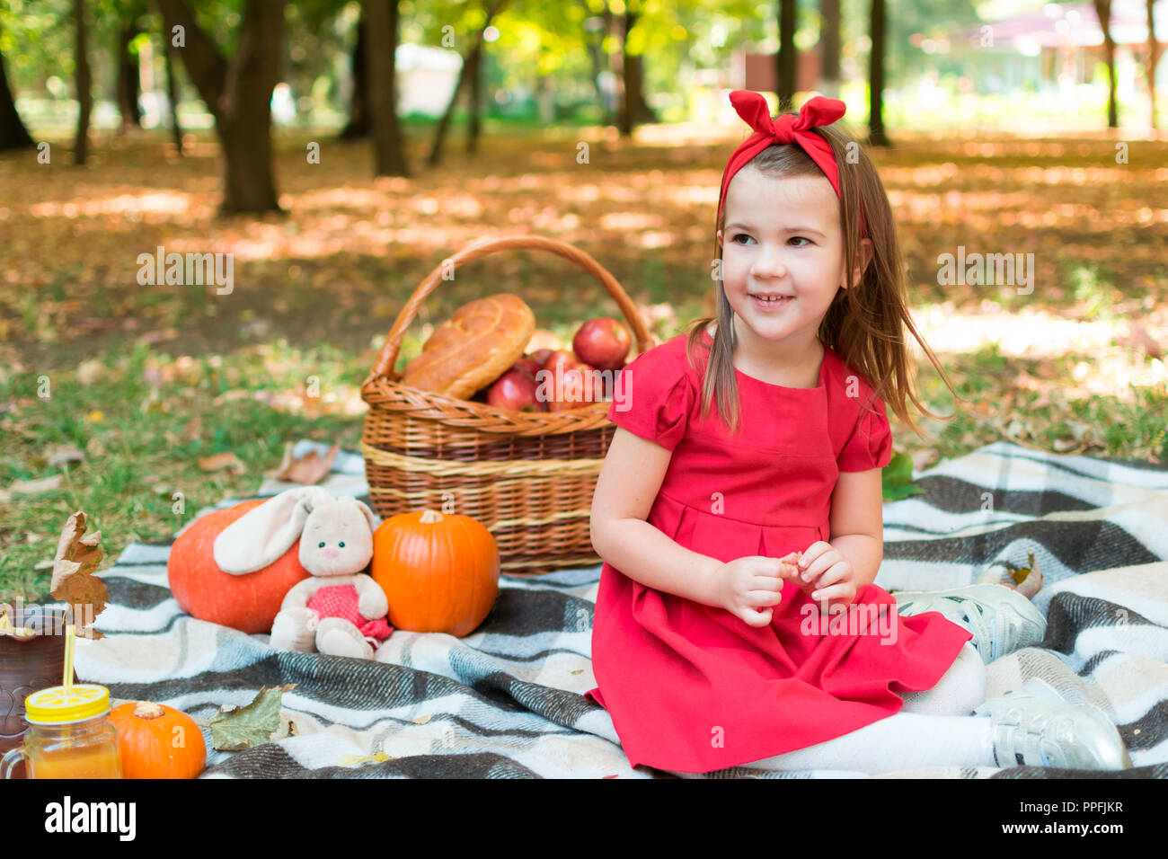 little girl child in a red dress, holding a pumpkin, smiling. autumn picnic in the Park on the plaid basket. Halloween. Stock Photo