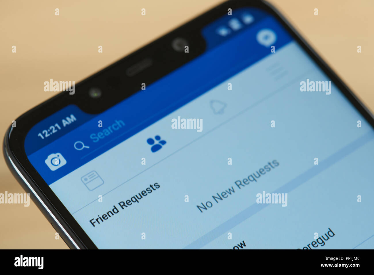 New york, USA - september 24, 2018: Friend request in Facebook on smartphone screen close up Stock Photo