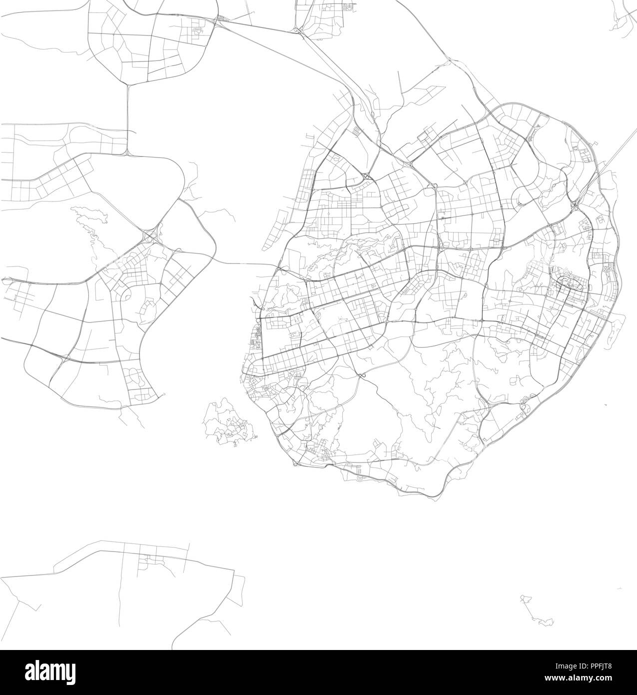 Map of Xiamen, Fujian province, satellite view, black and white map. Street directory and city map. China Stock Vector