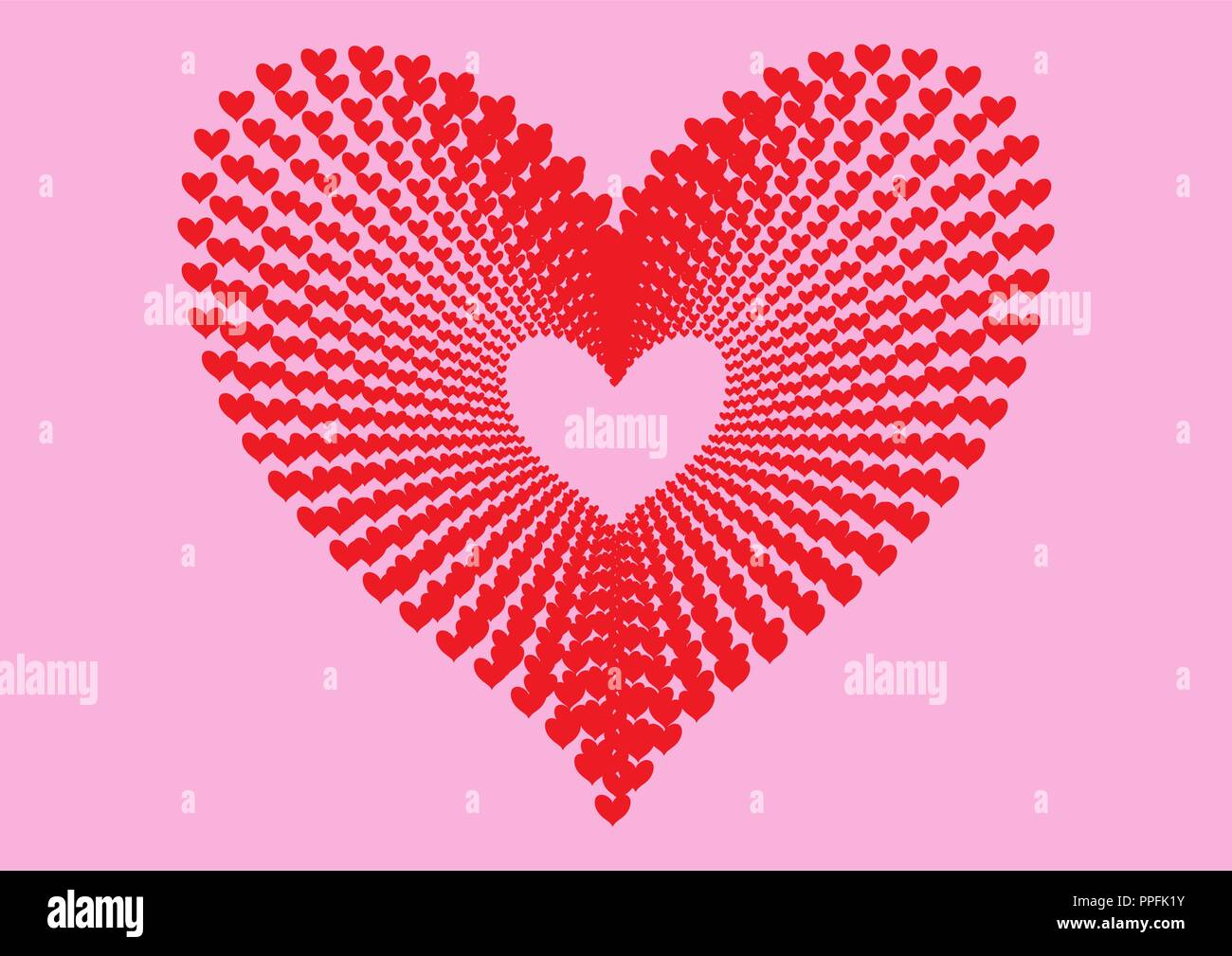 Red hearts pattern forming the shape of a large heart in concentric alignment pattern perspective as a tunnel of love and isolated in a simple pink ba Stock Vector