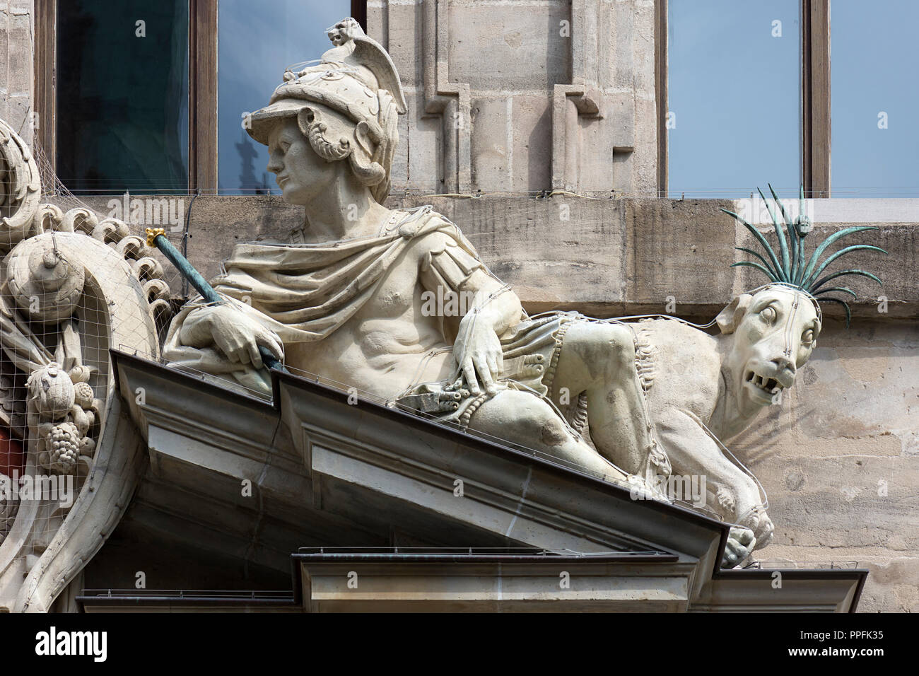 Sculpture Julius Caesar and Panther with 10 Horns, Old Town Hall of 1616, Nuremberg, Middle Franconia, Bavaria, Germany Stock Photo