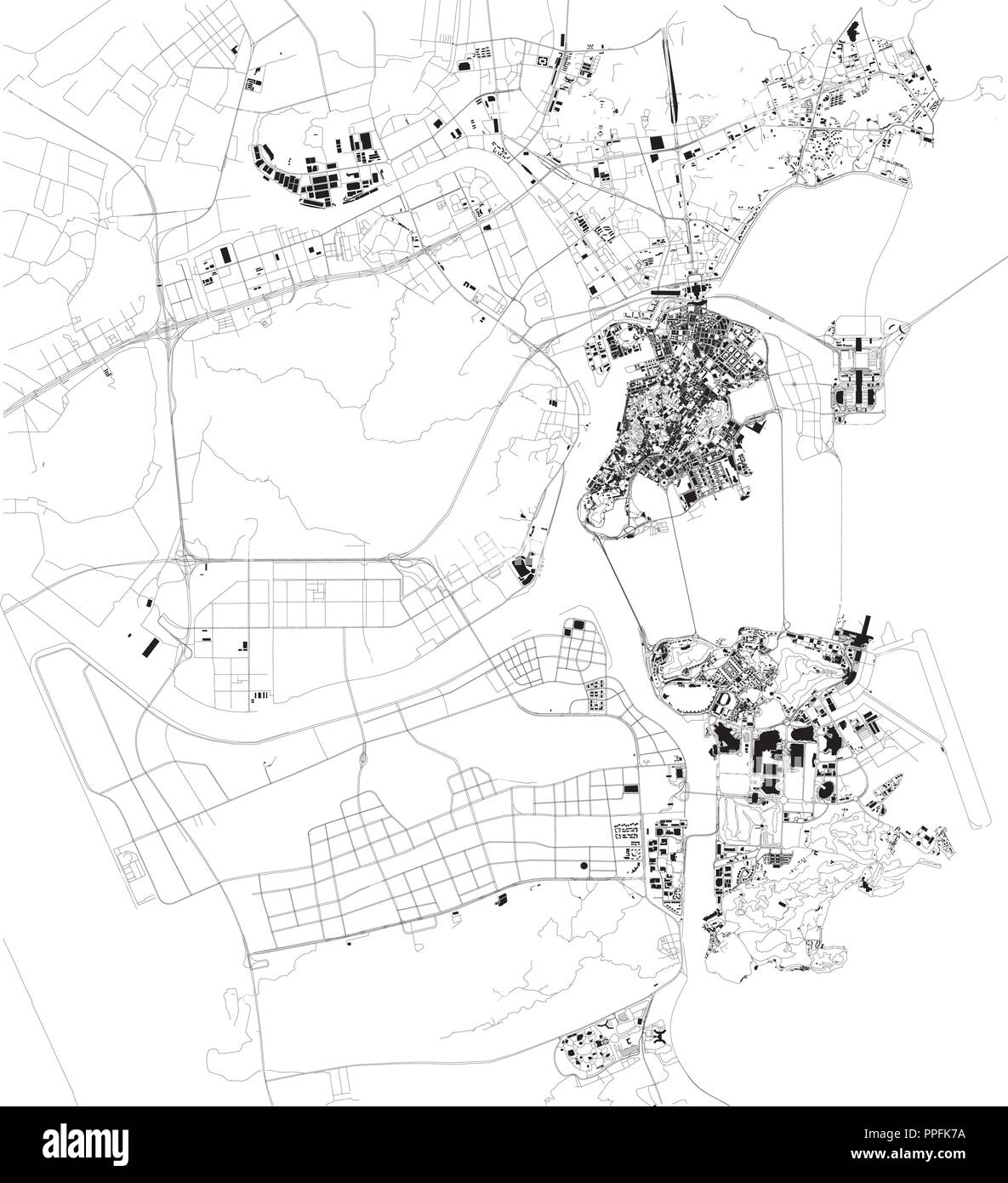 Map of Macau, Macao, satellite view, black and white map. Street directory and city map. China Stock Vector