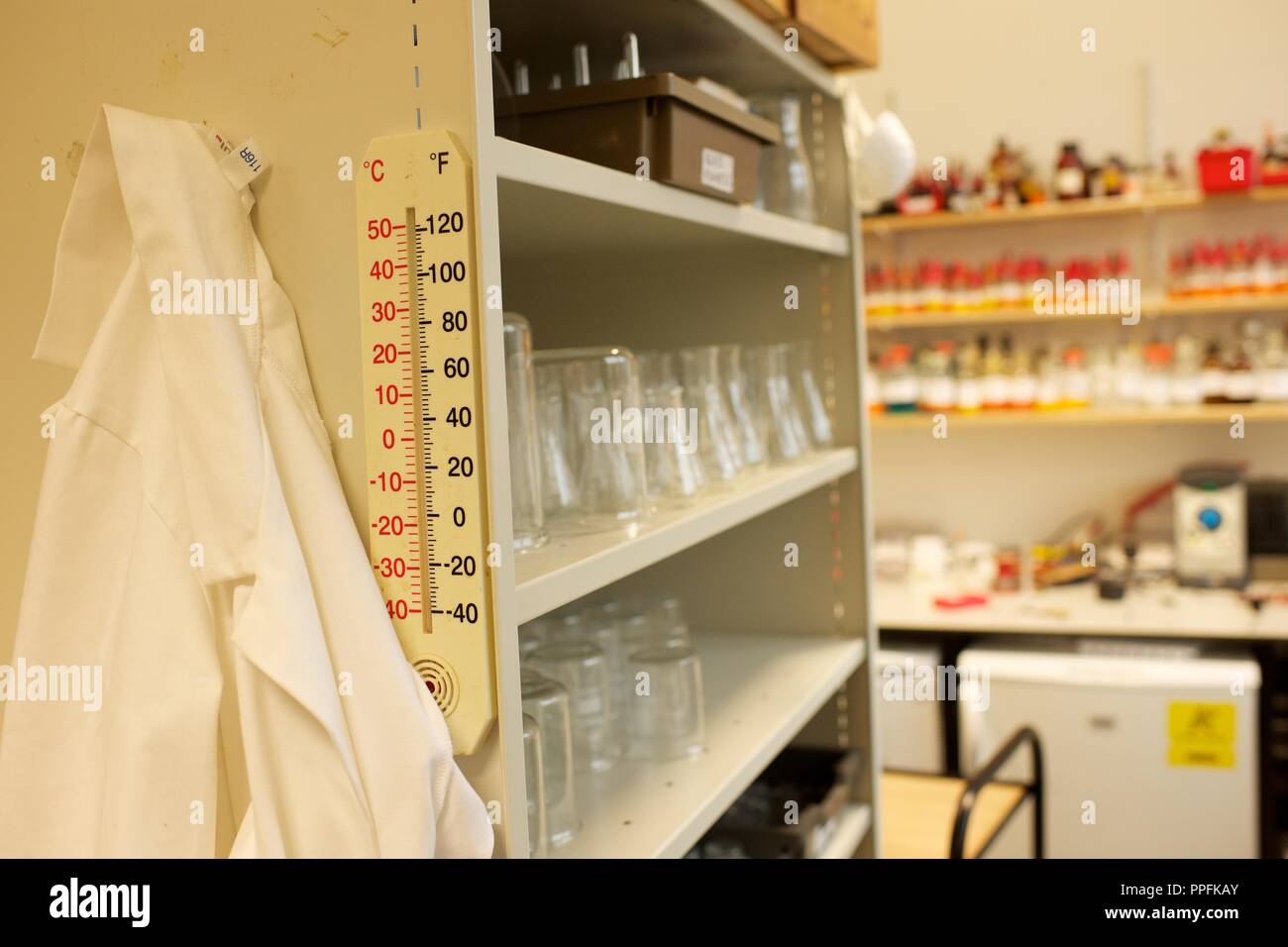 Chemistry lab in a Secondary Academy school in England. Lab coat hangs