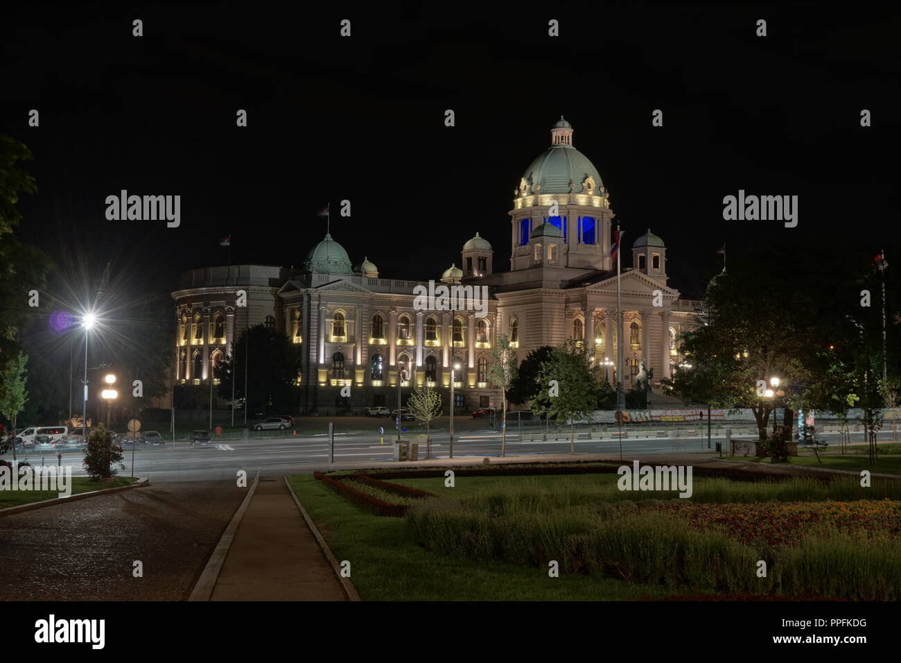 Belgrade, Serbia - May 04, 2018: National Assembly of the Republic of Serbia at night Stock Photo