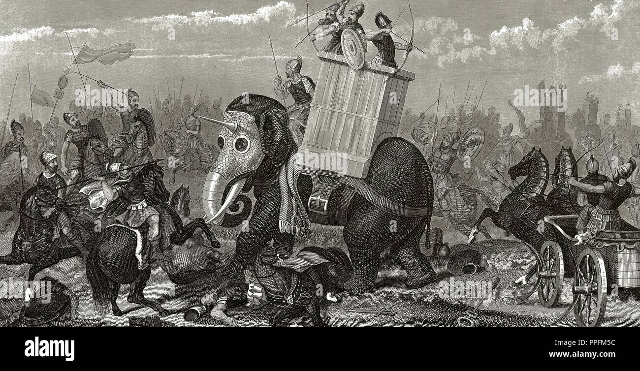 Second Punic War. The Battle of Zama (202 B.C.). A Roman army led by Publius Cornelius Scipio Africanus defeated a Carthaginian force led by Hannibal. Engraving. 19th century. Stock Photo