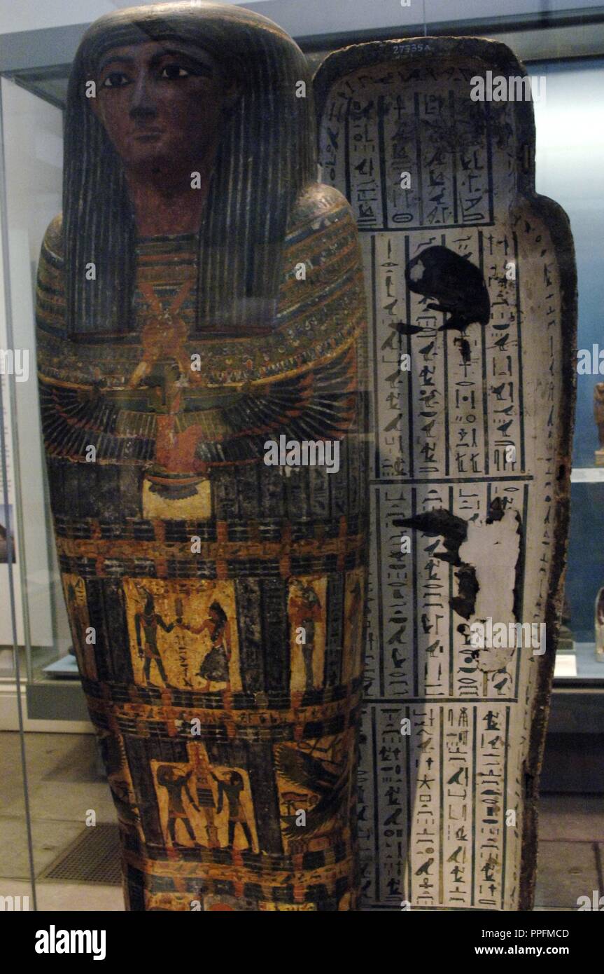 Interior painted wooden coffin of the priest Hor depicting the sky goddess Nut with their protective wings outstretched at the front part. The interior is covered with excerpts from the Book of the Dead. 7th century BC. 25th Dynasty. Late Period. From the tomb of Hor. Probably from Deir el-Bahari, Thebes (Egypt). British Museum. London. United Kingdom. Stock Photo
