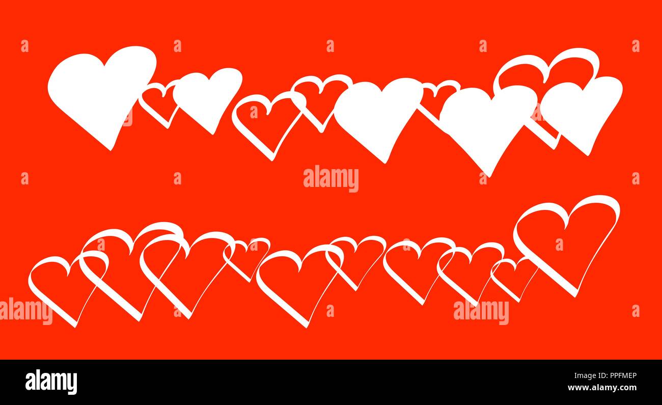 Lines of repeating white hearts filled or only outline contours isolated in a red colour background in banner wide format. Vector illustration. Stock Vector