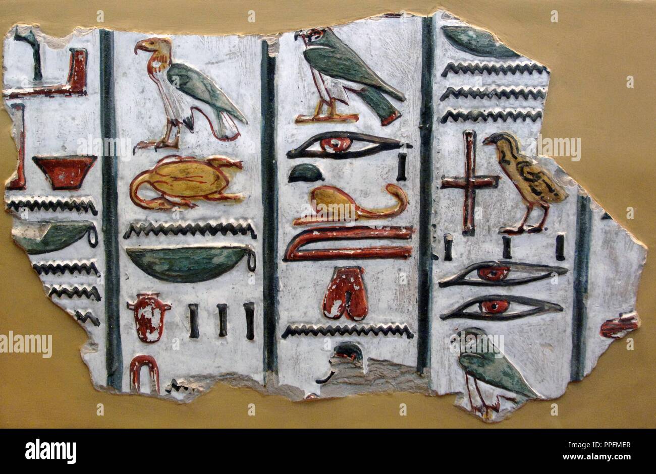 Hieroglyphic writing. Fragment of the wall decoration of the tomb of Seti I (c.1294-1279 BC), 19th Dynasty. New Kingdom. Polychrome inscription with the text 'Litany of the Eye of Horus'. From the tomb 17 of the Valley of the Kings. British Museum. London. United Kingdom. Stock Photo