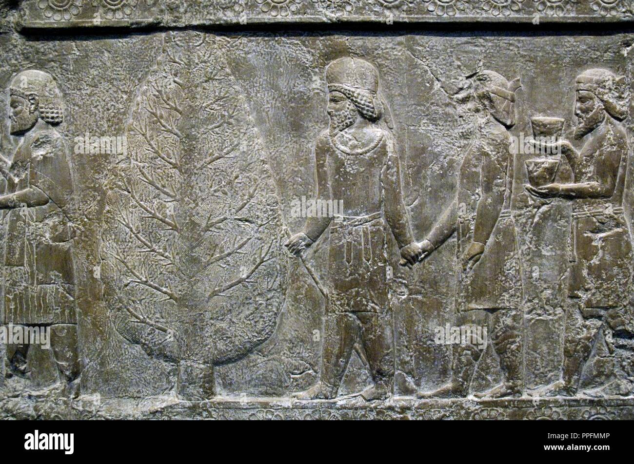 Palace of Darius I (522-486 BC). Reliefs of the outer wall of the staircase of the Apadana or Reception hall depicting phartians and bactrians in procession carrying offerings. Persepolis. Copy by the original preserved in their original place (Iran), 1892. British Museum. London. England. United Kingdom. Stock Photo