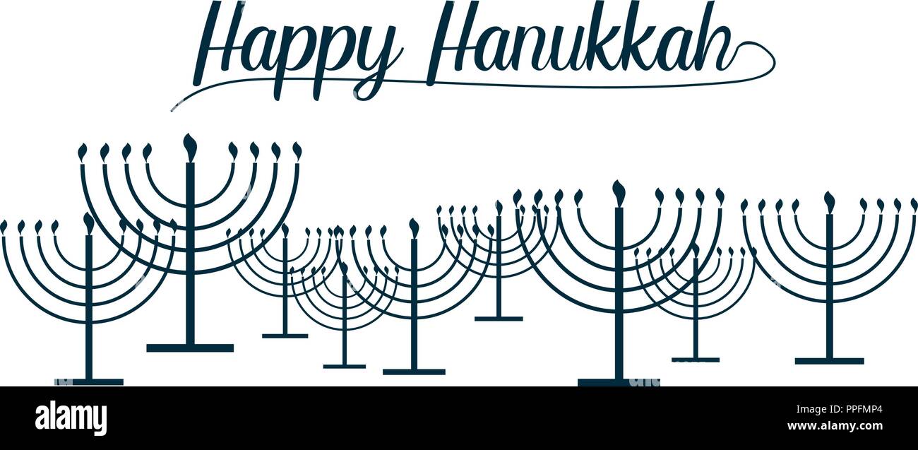 Happy Hanukkah text and repeat pattern of simple outline Hanukkah menorah with burning candles in blue color with empty background for holiday card. V Stock Vector