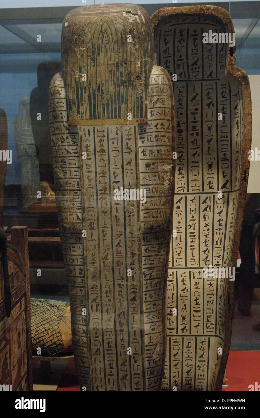 Interior painted wooden coffin of the priest Hor. Rear view and interior covered with excerpts from the Book of the Dead. 7th century BC. 25th Dynasty. Late Period. From the tomb of Hor. Probably from Deir el-Bahari, Thebes (Egypt). British Museum. London. United Kingdom. Stock Photo