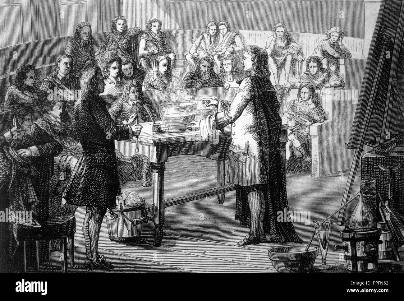 Joseph Black (1728-1799). Scottish Physician, physicist and chemist. Performing experiments on steam at the University of Glasgow. Scotland, 18th century. Stock Photo