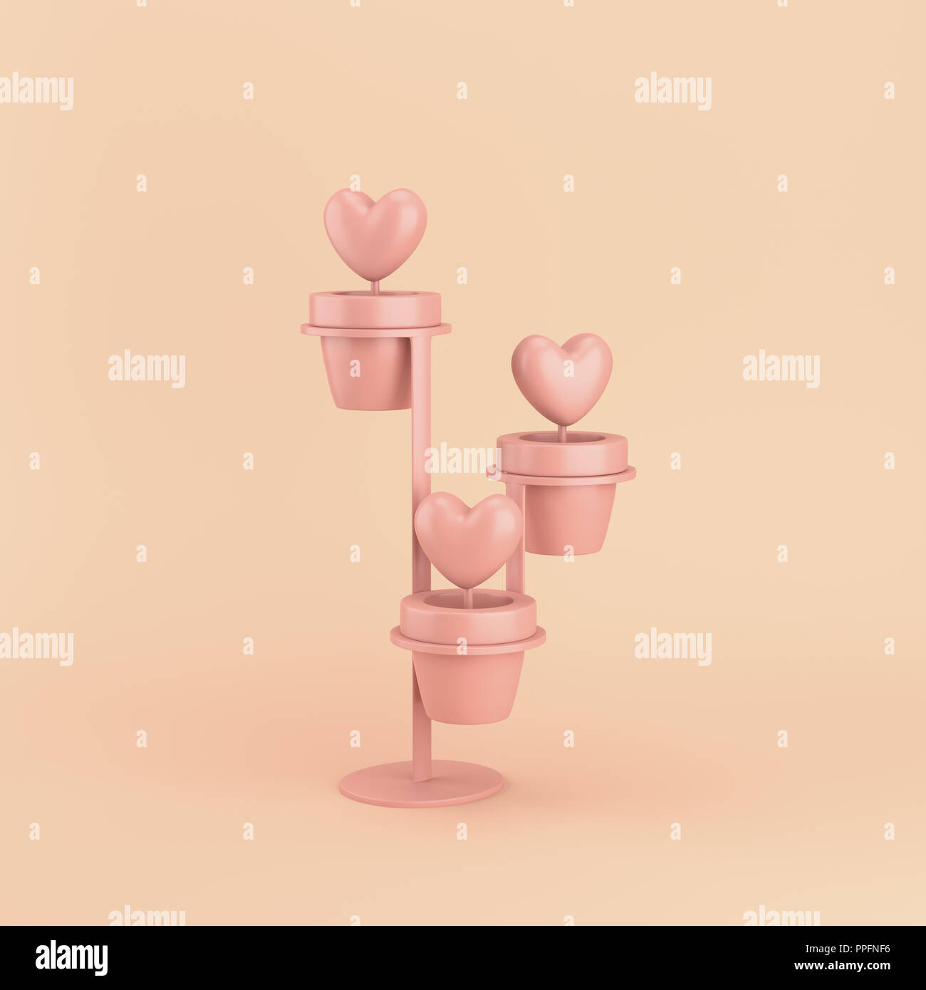 Hearts in a pots with stand on bright background in pastel colors with