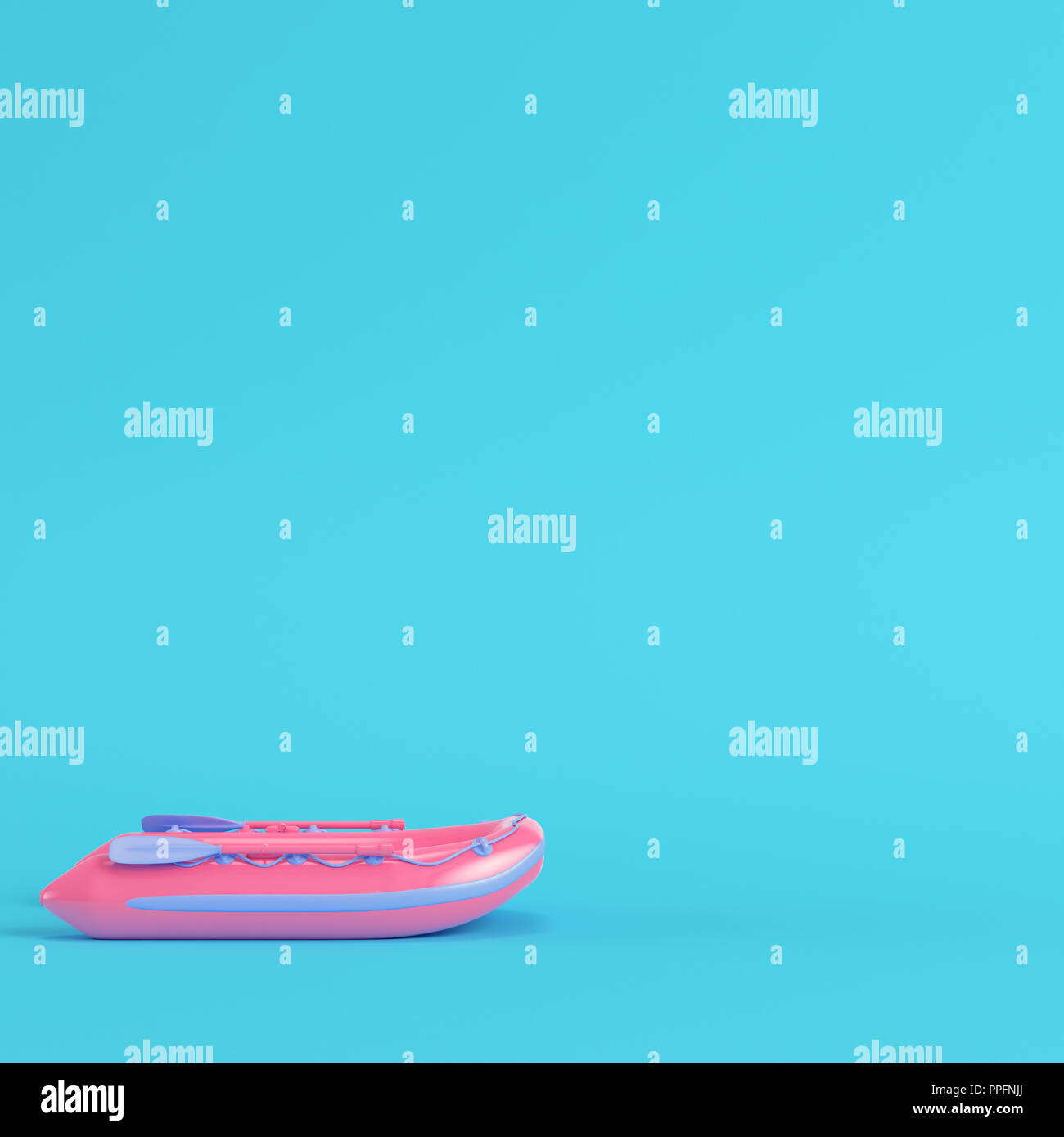 Pink inflatable boat on bright blue background in pastel colors ...