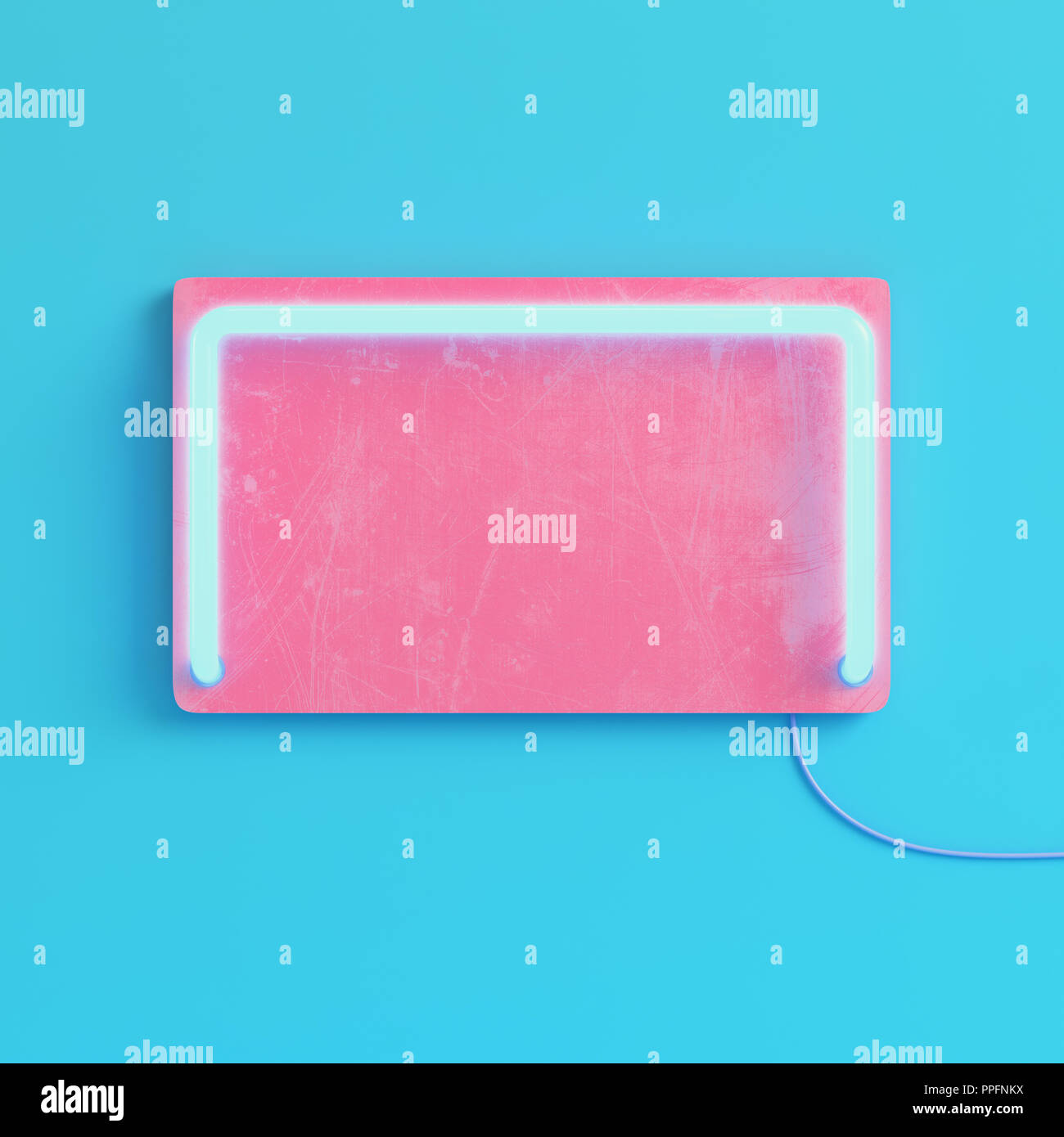 Pink blank plate with neon light on bright blue background in pastel ...