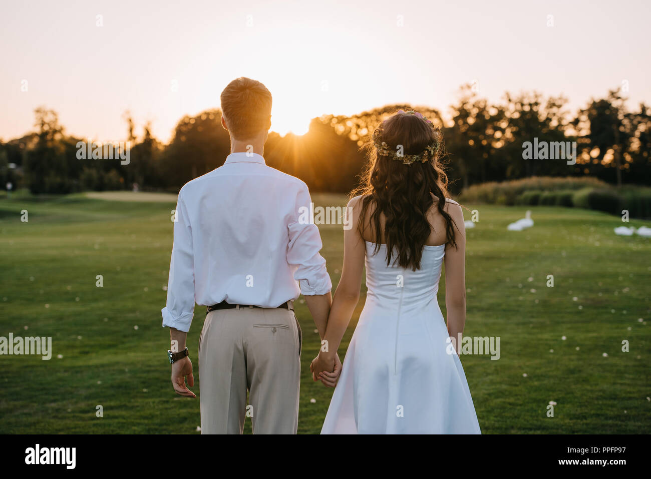 back view of young wedding couple holding hands and standing together ...