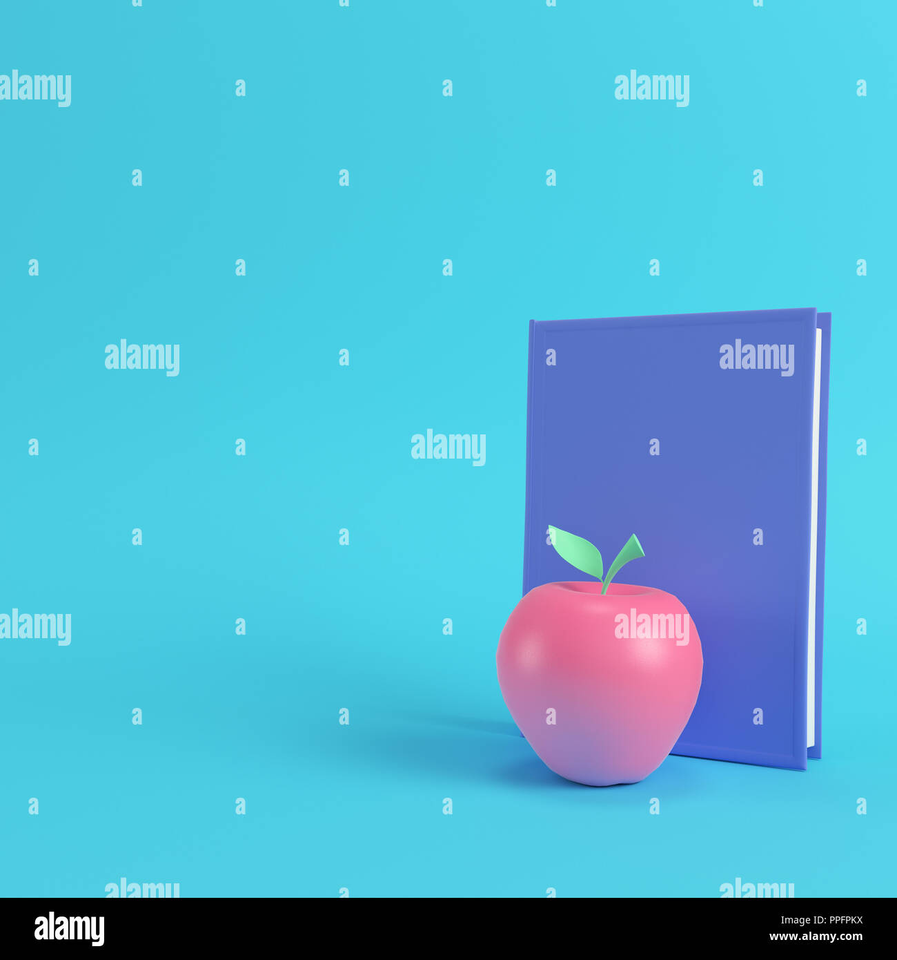 Pink apple and book on bright blue background in pastel colors. Minimalism concept. 3d render
