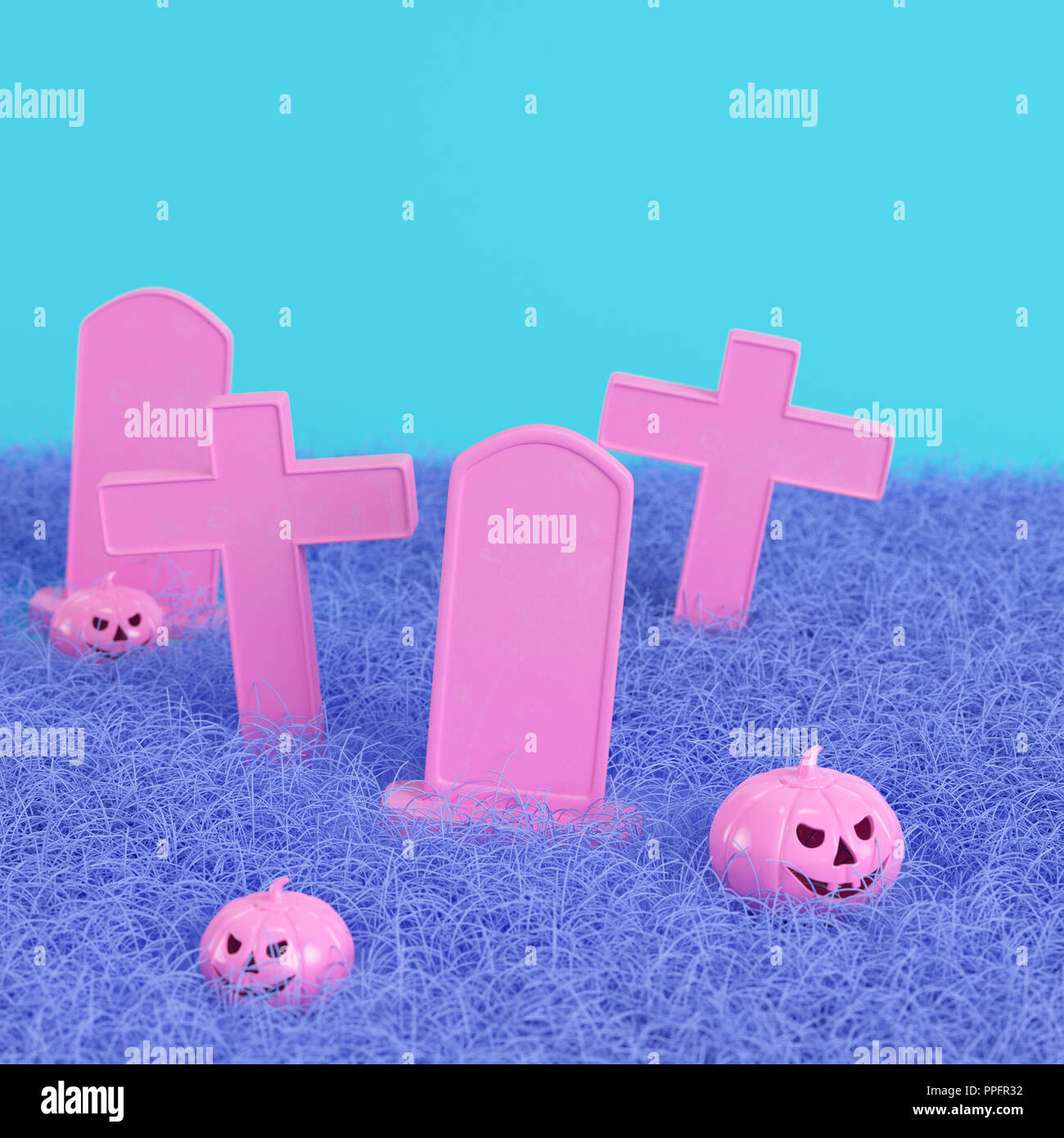 Pink halloween pumpkins with crosses and gravestones on bright blue background in pastel colors. Minimalism concept. 3d render Stock Photo