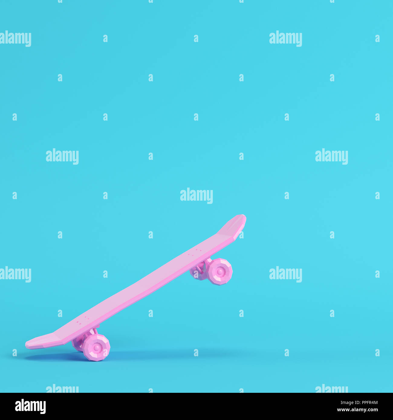 Pink low poly skateboard deck on bright blue background in pastel