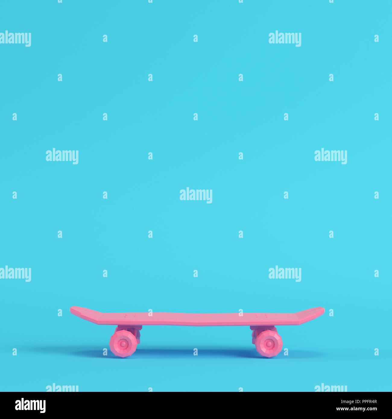 Pink low poly skateboard deck on bright blue background in pastel