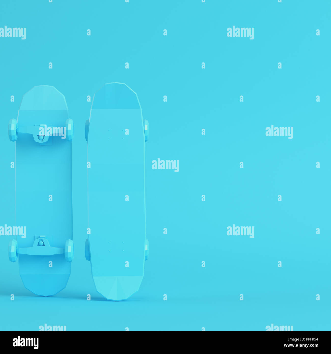 Low poly skateboard deck on bright blue background in pastel colors