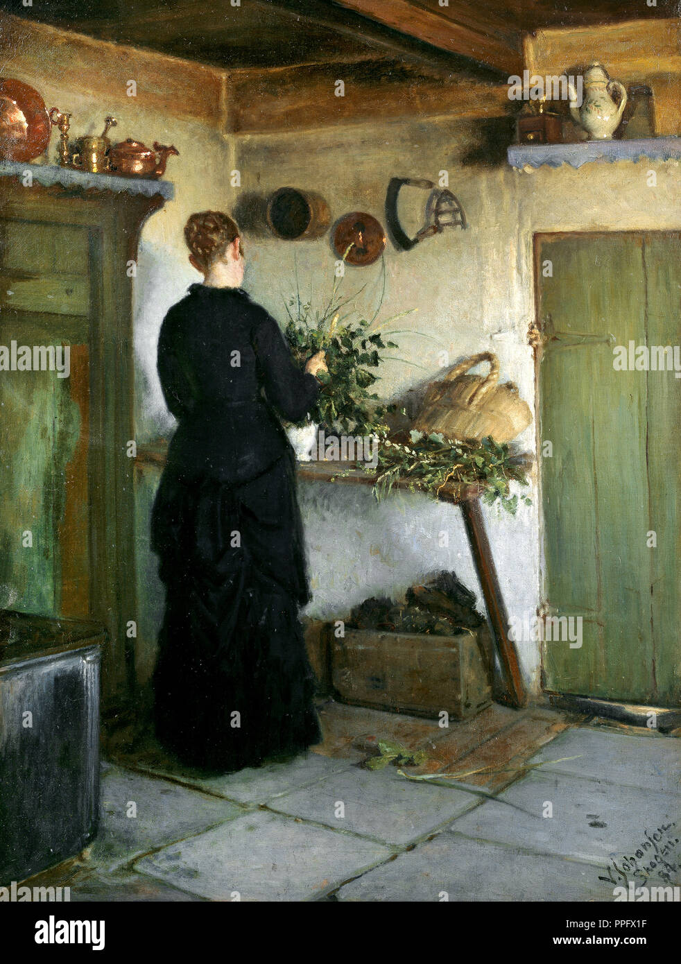 Viggo Johansen - Kitchen Interior. The Artist's Wife Arranging Flowers. 1884 Oil on canvas. Skagens Museum, Skagen, Denmark. Stock Photo