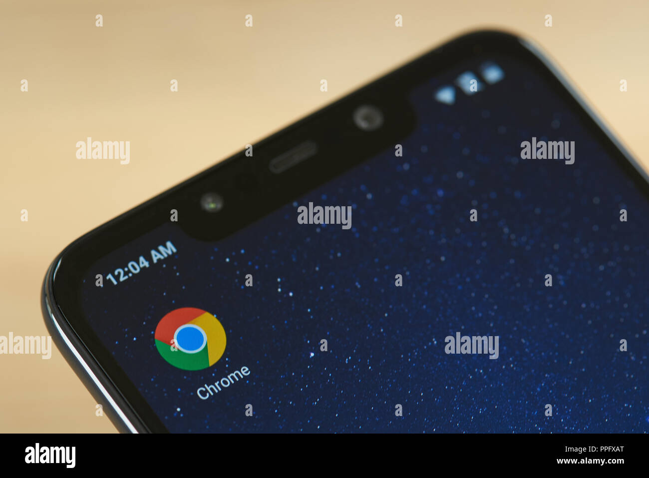 New york, USA - september 24, 2018: Google chrome icon on smartphone screen close up Stock Photo