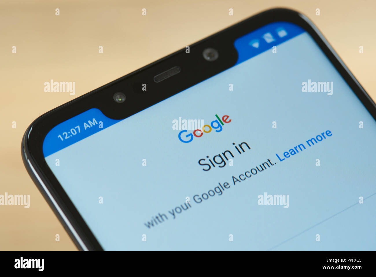 New york, USA - september 24, 2018: Sign in google account on smartphone screen close up Stock Photo