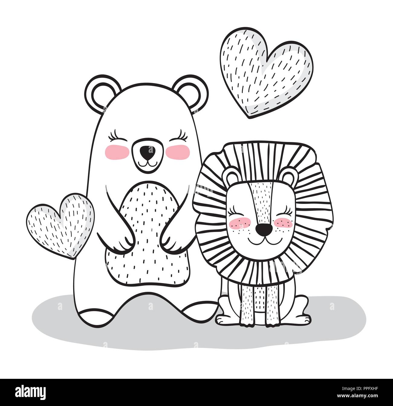 happy bear and lion animals with hearts Stock Vector